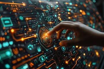 Poster - Human finger touching a high-tech holographic screen with glowing digital icons and futuristic elements