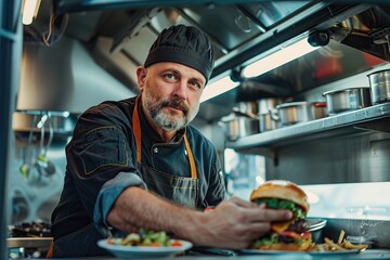 Wall Mural - Mature male chef cooking fresh burger, food truck owner