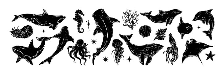 ocean animal linocut vector set, whale grunge print, woodcut stamp, wild sea mammal silhouette. summ