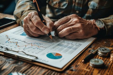 Poster - Meticulous evaluation of business data with a focus on the thorough analysis by a businessman holding a pen