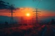 A stunning sunset sky casts a warm light on a landscape dotted with power lines, blending industrial themes with the beauty of nature's end-of-day display