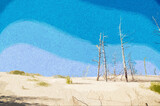 Fototapeta  - Ilustracja krajobraz wydmy i suche pnie drzew na tle błękitnego nieba.