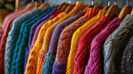 Wall Mural - A Row of Colorful Sweaters Hanging on a Rack