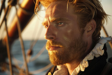 Poster - A man with a beard and gold eyes stands in front of a boat
