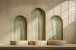 Three adjacent arched structures create a harmonious and minimalist display podium bathed in soft, natural sunlight. Light and shadow adds depth and texture to the scene