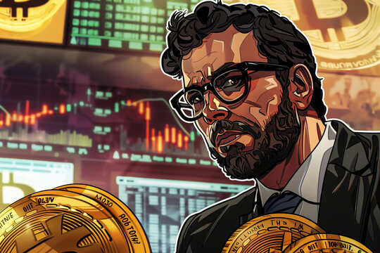 cartoon illustration of a tech entrepreneur with a beard and glasses holding two large gold coins