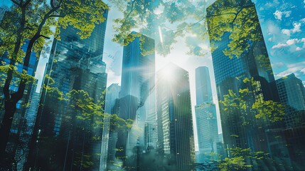 Wall Mural - Panoramic cityscape with double exposure overlay of green forest