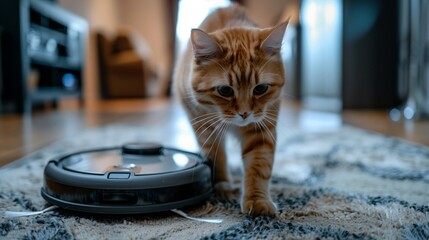 Wall Mural - Feline carnivore Cat beside automated tire cleaner on rug