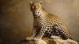 Fototapeta  - Portrait a wild leopard sitting on a stone. AI generated image