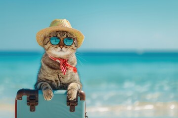 Funny cat tourist in sunglasses standing with suitcase going on summer holiday trip