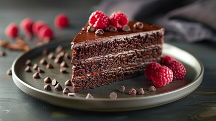 Wall Mural - Chocolate Cake With Raspberries on a Plate