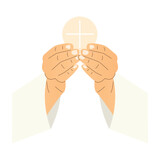 Fototapeta Mapy - hands of priest holding holy eucharistic host, communion, wafer; it's ideal for religious publications, church newsletters, or spiritual websites- vector illustration
