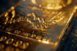 A gold bar is surrounded by a lot of glowing lines and numbers. The image has a futuristic and technological feel to it