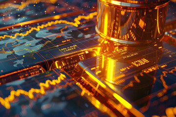 Poster - A computer generated image of a gold bar with a number of numbers on it. The numbers are in a foreign language and the bar is surrounded by a map