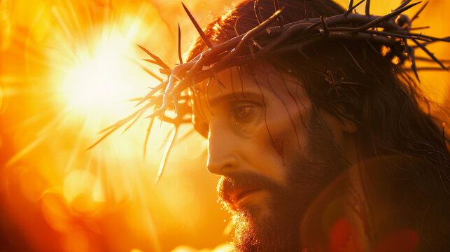 A man with a crown on his head and a cross on his forehead. The image has a religious theme and a sense of reverence