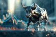 A bull is running through a city street with a stock market graph in the background. The bull is surrounded by fire, which adds to the intensity of the scene. Concept of urgency and chaos