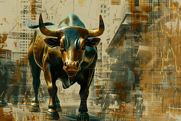 Poster - A bull with horns is standing in front of a graph. The bull is looking at the graph, and the graph is showing a downward trend. Scene is serious and focused