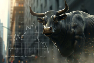 Poster - A bull is standing in front of a graph of stock prices. The bull is large and intimidating, and the graph shows a downward trend in the stock market. Concept of uncertainty and risk
