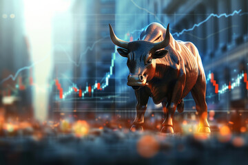 Poster - A bull is standing in front of a graph of stock prices. The bull is looking at the graph, as if it is trying to understand the numbers. Concept of uncertainty and unpredictability