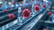 A vaccine production line in action with a visual representation of the virus, emphasizing the pharmaceutical industry's response to a global health crisis