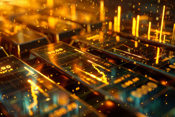 Poster - A close up of a computer screen with a lot of numbers and a lot of gold. Scene is one of complexity and sophistication