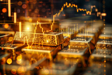 Poster - A close up of gold bars with a graph of the market on top of them. The bars are stacked on top of each other and the graph is in the background. Scene is one of financial analysis and investment