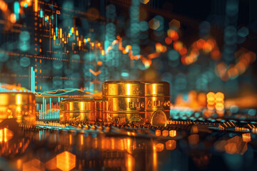 Poster - A stack of gold coins sits on a computer monitor. The coins are surrounded by a blurry background of numbers and graphs. Concept of wealth and prosperity, as well as the idea of financial success