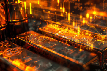 Poster - A close up of gold bars with a yellowish glow. The bars are stacked on top of each other and appear to be in a bank or a vault
