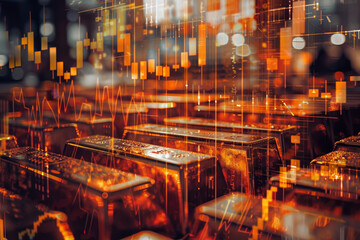 Poster - A close up of gold bars with a lot of lines and numbers. The bars are stacked on top of each other and the numbers are in different colors