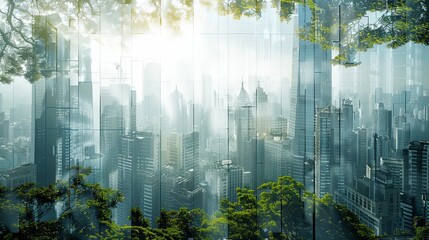 Wall Mural - Double exposure cityscape at sunset with skyline and green summer forest