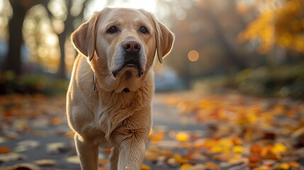 Wall Mural - Gun dog breed companion dog walks through leafstrewn woodland path