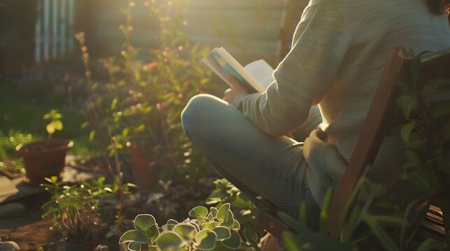 Front shot of a person sitting on a chair in the garden and reading the book