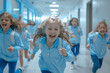 A group of young girls are running down a hallway in school uniforms. They are all smiling and seem to be having fun