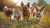 Fototapeta  - Group of happy pets cats and dogs walking together on the green grass at meadow. AI generated image