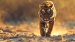 Wild male tiger walk alone during the golden summer nature scene. AI generated image