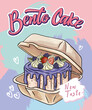 Cute shaped bento cake banner. Romantic dessert. Valentine day and anniversary pastry food. Love sticker for card, poster, collage design.