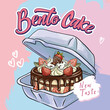 Cute shaped bento cake square banner. Romantic dessert. Valentine day and anniversary pastry food. Love sticker for card, poster, collage design.