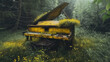 An abandoned piano overgrown with lush foliage in a dense forest setting, the weathered instrument in the verdant tapestry of the surrounding wilderness.