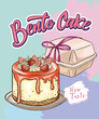 Cute shaped bento cake with strawberries. Romantic dessert. Valentine day and anniversary pastry food. Love sticker for card, poster, collage design.