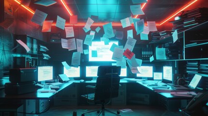 Poster - Floating notepads in a futuristic workspace   AI generated illustration