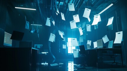 Poster - Floating notepads in a futuristic workspace   AI generated illustration