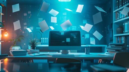 Poster - Floating notepads in a futuristic workspace  AI generated illustration