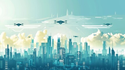 Sticker - Futuristic cityscape with isolated flying vehicles   AI generated illustration