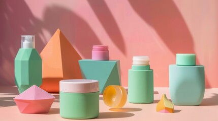 Wall Mural - Geometric-shaped skincare containers  AI generated illustration