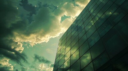 Wall Mural - Glass office building with a dramatic sky backdrop  AI generated illustration