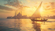 A group of travelers setting sail at sunrise on a traditional dhow boat embarking on a sea voyage to explore distant islands and cultures encapsulating the spirit of nautical adventure.