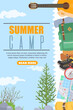 Summer camp web banner decorated with different traveling accessories
