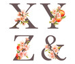Set of floral letters X-Z with blooming peach tree branches and fruits, isolated illustration on white background, for wedding monogram, greeting cards, logo