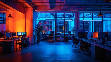 Poster - Neon lights casting a glow on the office   AI generated illustration