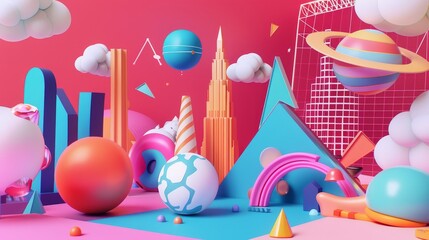 Wall Mural - Playful 3d render of flying objects in a bold graphic design   AI generated illustration